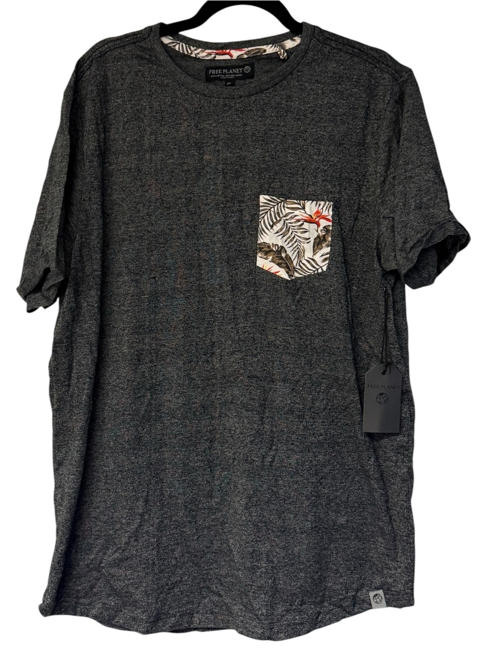 NWT Free Planet Men’s XL Gray Pocket T-Shirt Tropical Print Short Sleeve Tee